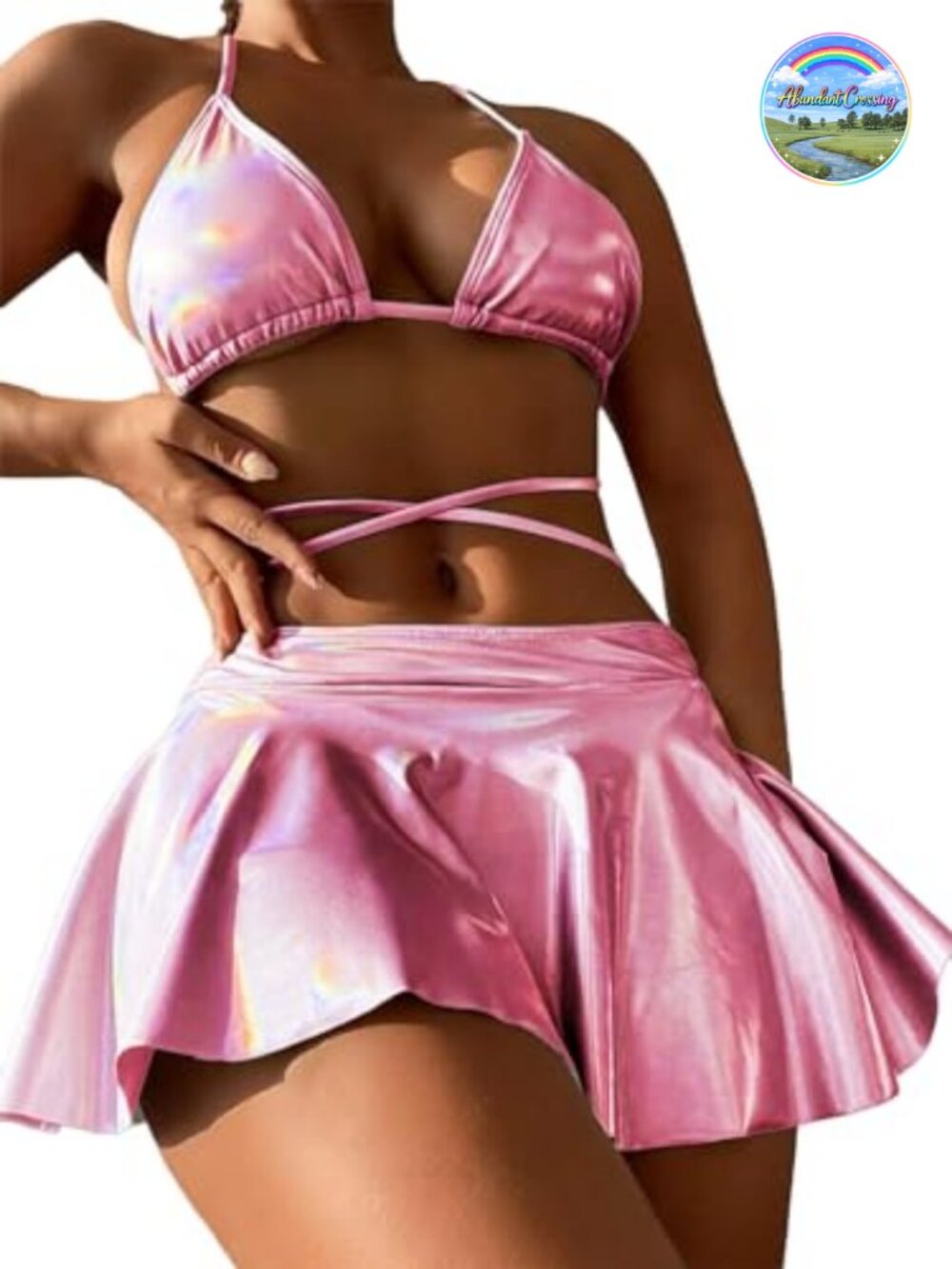 3 Piece Metallic Bikini Set Halter Thong Skirt Brazilian Swimsuit